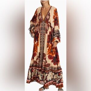 NWT- Farm Rio Sand Winter Tapestry V Neck Maxi Dress
